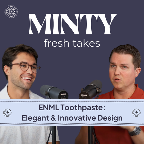 Two podcast hosts discussing in a professional studio setting for the Minty Fresh Takes series. The image features two people speaking into microphones, engaged in a conversation about innovative oral care solutions.