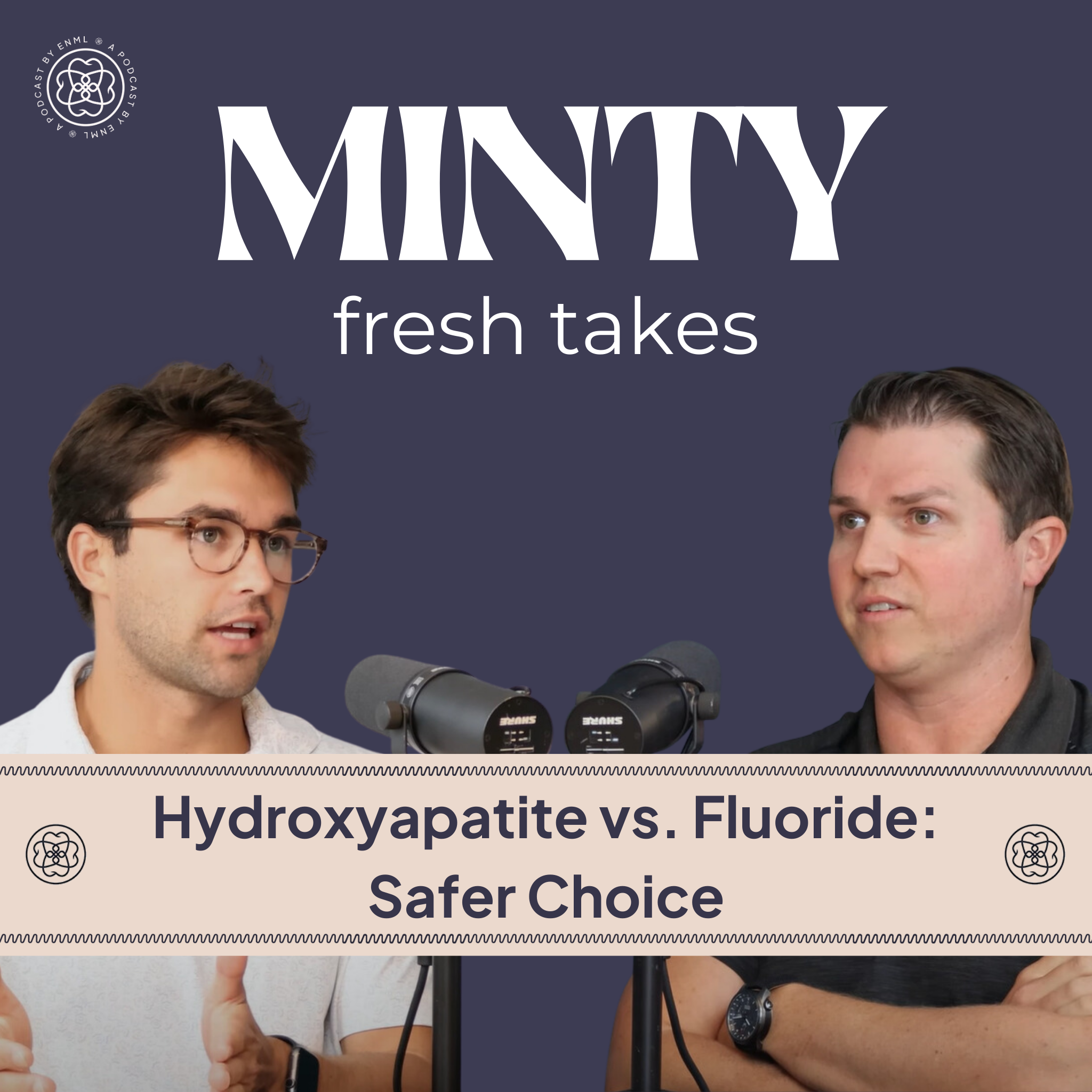 Two podcast hosts discussing in a professional studio setting for the Minty Fresh Takes series. The image features two people speaking into microphones, engaged in a conversation about innovative oral care solutions.