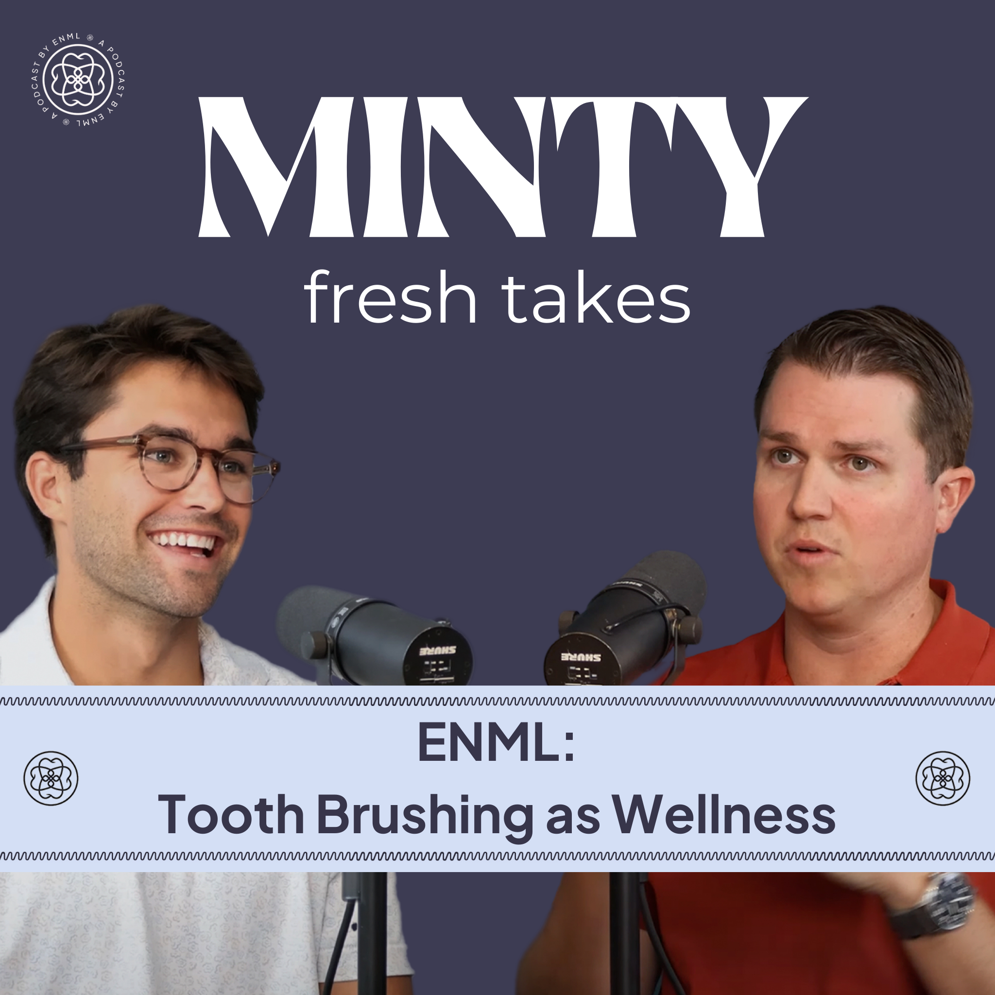 Two podcast hosts discussing in a professional studio setting for the Minty Fresh Takes series. The image features two people speaking into microphones, engaged in a conversation about innovative oral care solutions.