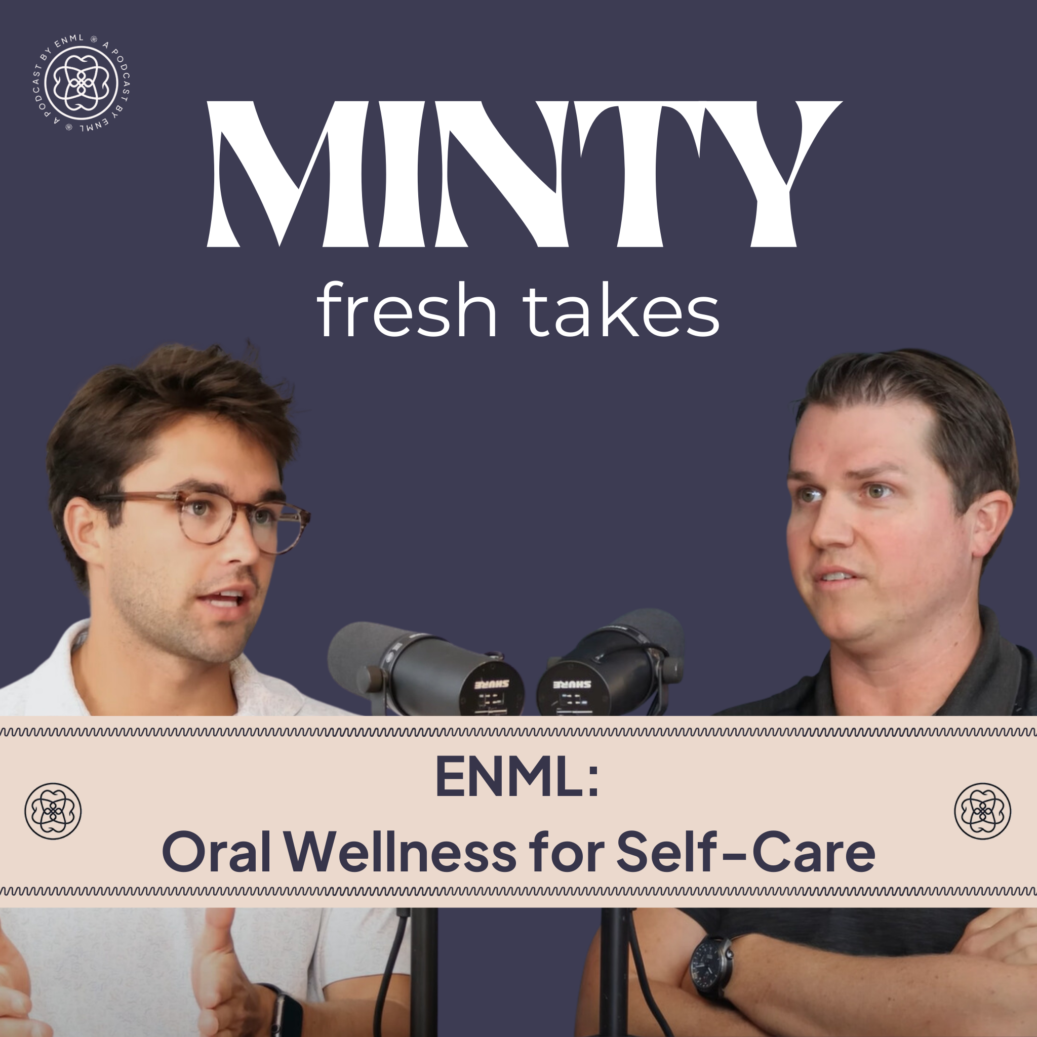 Two podcast hosts discussing in a professional studio setting for the Minty Fresh Takes series. The image features two people speaking into microphones, engaged in a conversation about innovative oral care solutions.