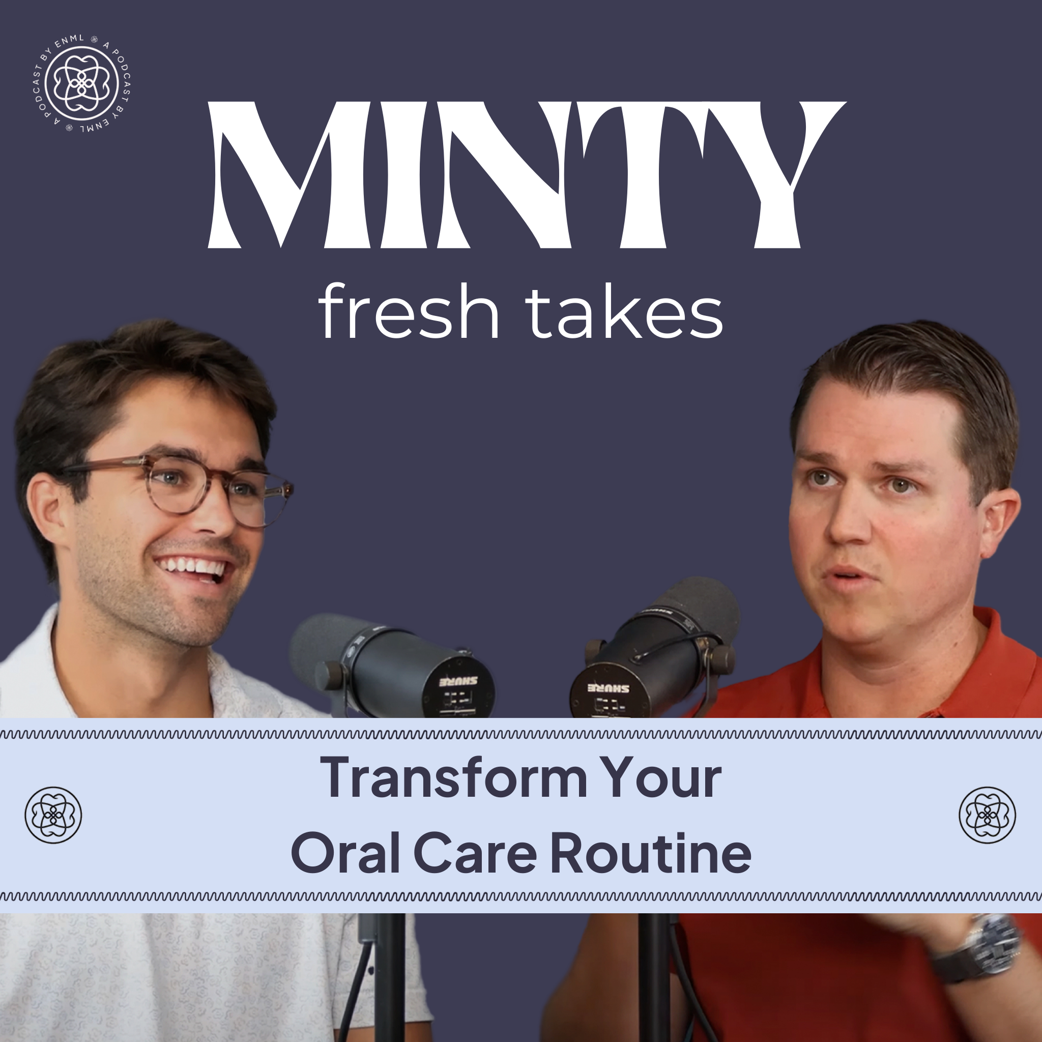 Two podcast hosts discussing in a professional studio setting for the Minty Fresh Takes series. The image features two people speaking into microphones, engaged in a conversation about innovative oral care solutions.