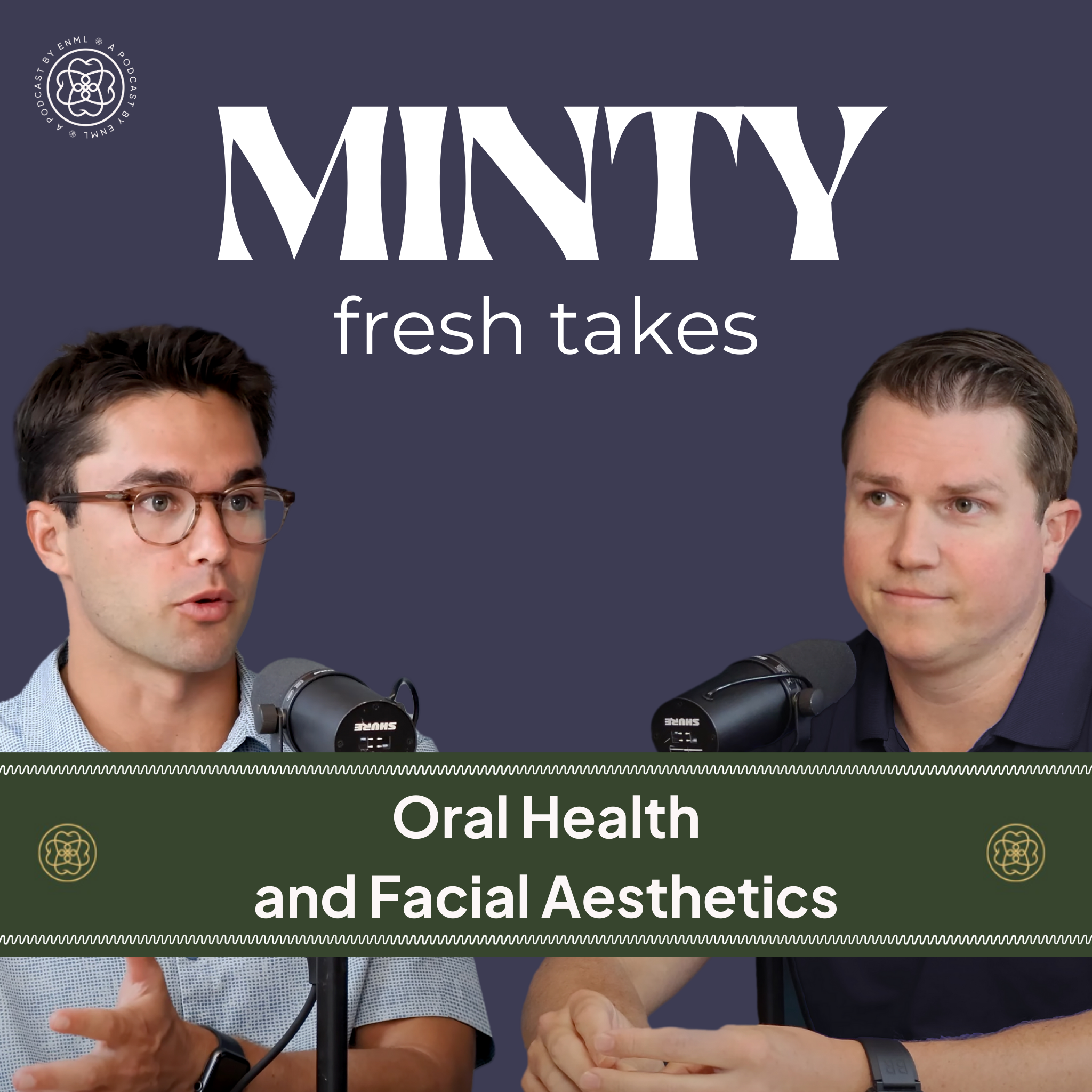 Two podcast hosts discussing in a professional studio setting for the Minty Fresh Takes series. The image features two people speaking into microphones, engaged in a conversation about innovative oral care solutions.