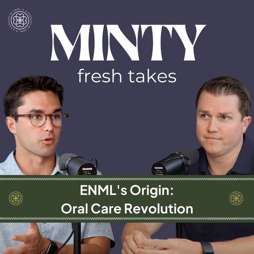 Two podcast hosts discussing in a professional studio setting for the Minty Fresh Takes series. The image features two people speaking into microphones, engaged in a conversation about innovative oral care solutions.