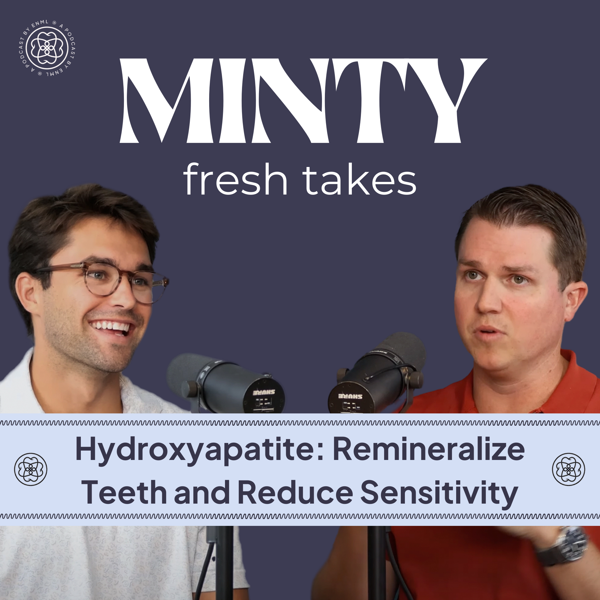 Two podcast hosts discussing in a professional studio setting for the Minty Fresh Takes series. The image features two people speaking into microphones, engaged in a conversation about innovative oral care solutions.