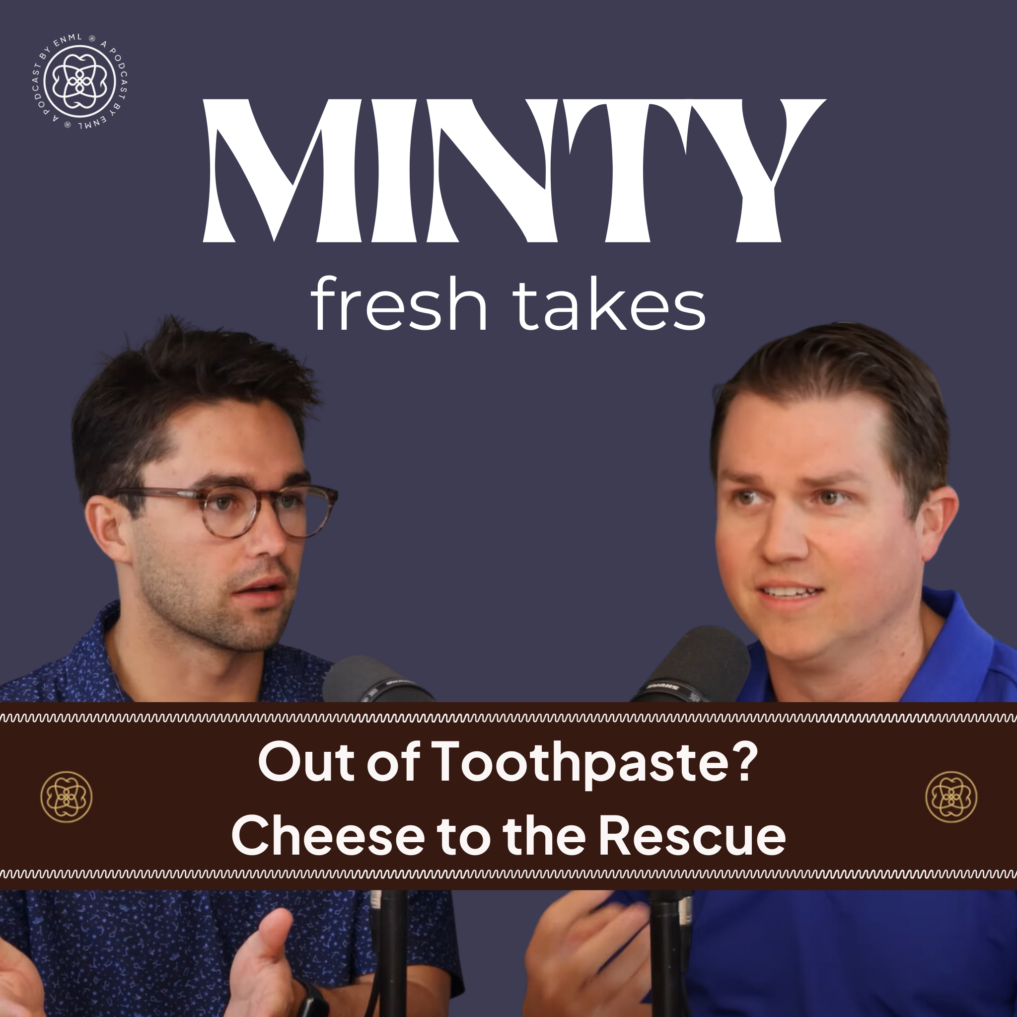 Two podcast hosts discussing in a professional studio setting for the Minty Fresh Takes series. The image features two people speaking into microphones, engaged in a conversation about innovative oral care solutions.