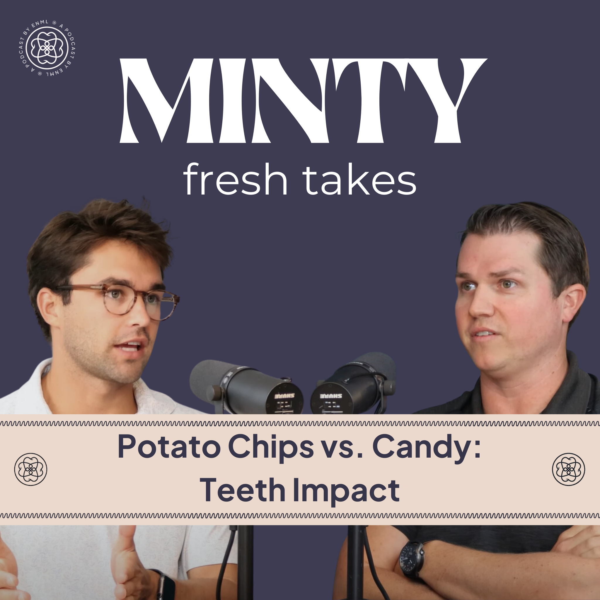 Two podcast hosts discussing in a professional studio setting for the Minty Fresh Takes series. The image features two people speaking into microphones, engaged in a conversation about innovative oral care solutions.