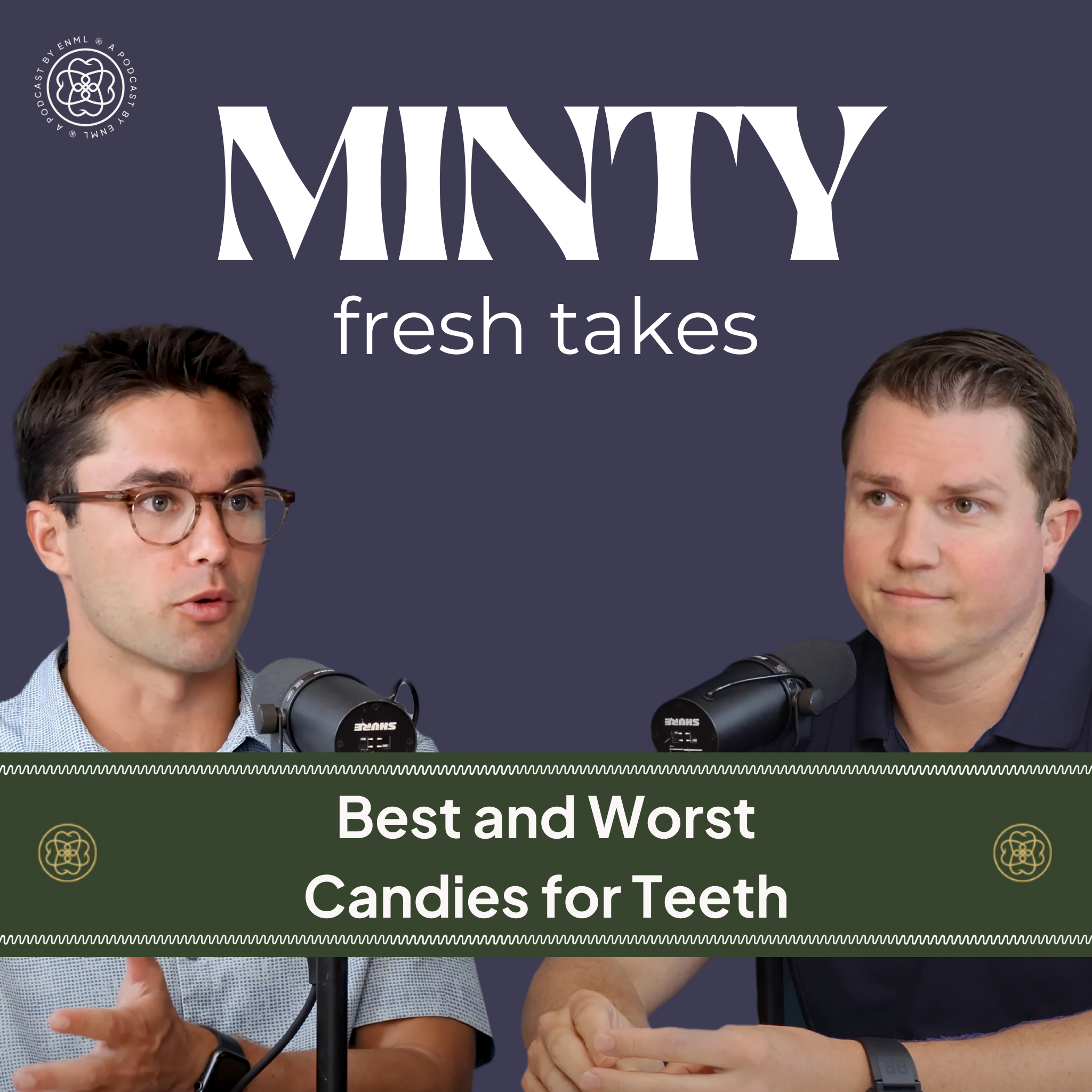 Two podcast hosts discussing in a professional studio setting for the Minty Fresh Takes series. The image features two people speaking into microphones, engaged in a conversation about innovative oral care solutions.