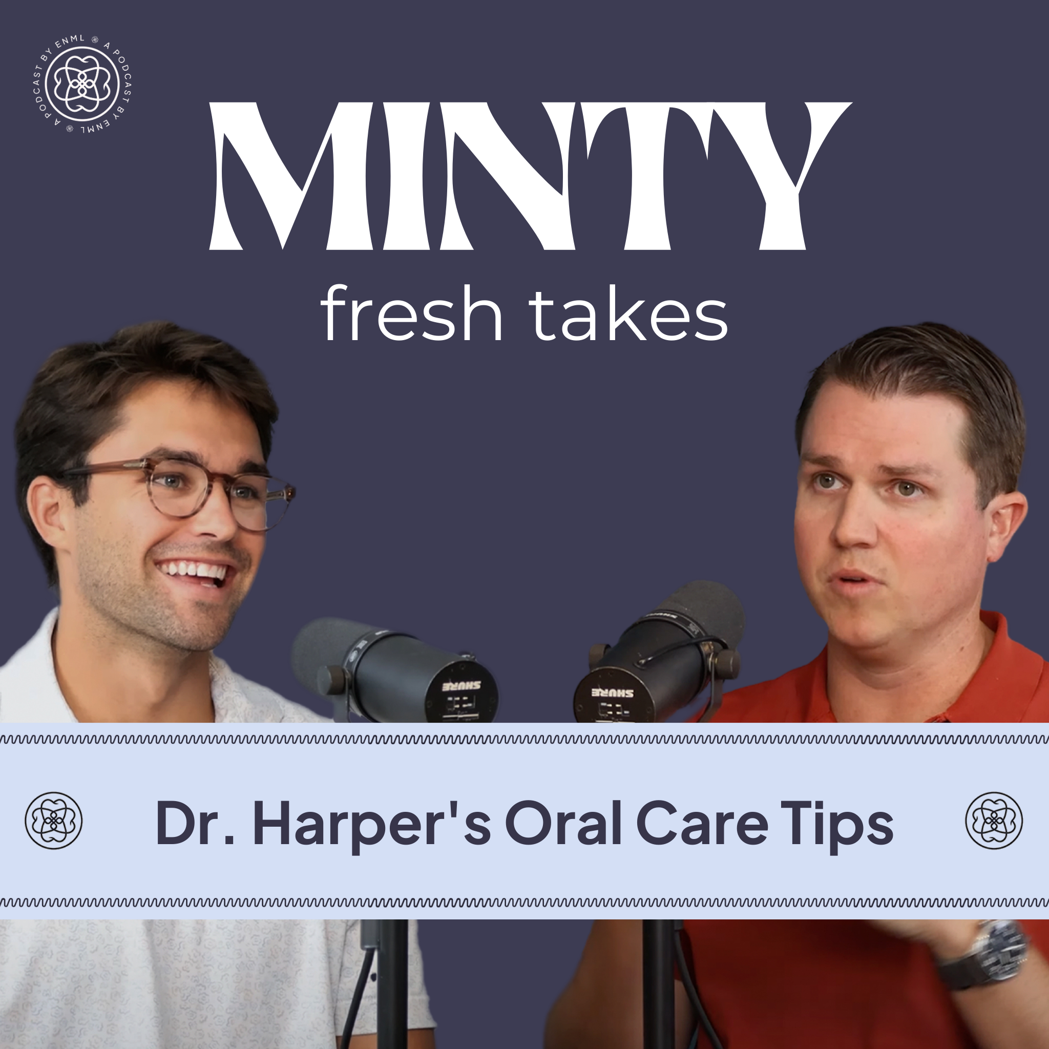 Two podcast hosts discussing in a professional studio setting for the Minty Fresh Takes series. The image features two people speaking into microphones, engaged in a conversation about innovative oral care solutions.