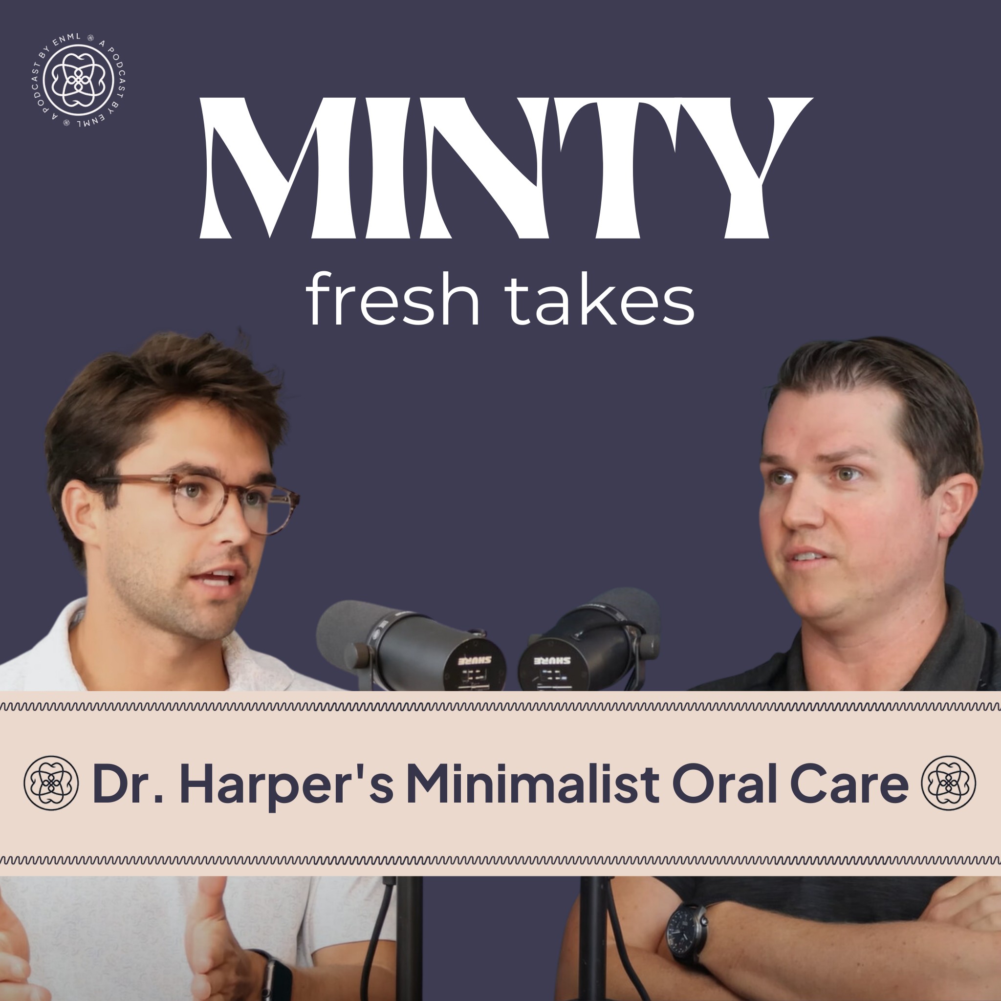 Two podcast hosts discussing in a professional studio setting for the Minty Fresh Takes series. The image features two people speaking into microphones, engaged in a conversation about innovative oral care solutions.