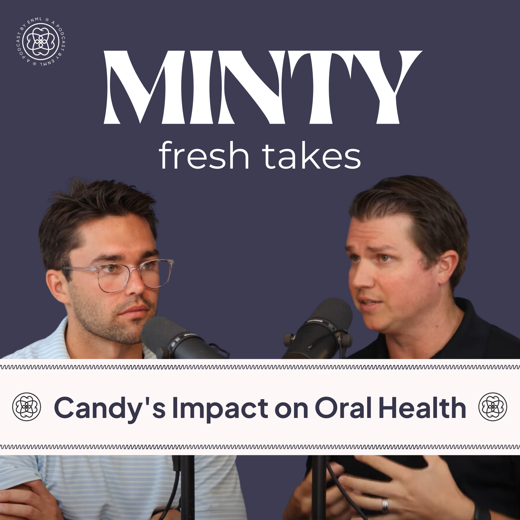 Two podcast hosts discussing in a professional studio setting for the Minty Fresh Takes series. The image features two people speaking into microphones, engaged in a conversation about innovative oral care solutions.