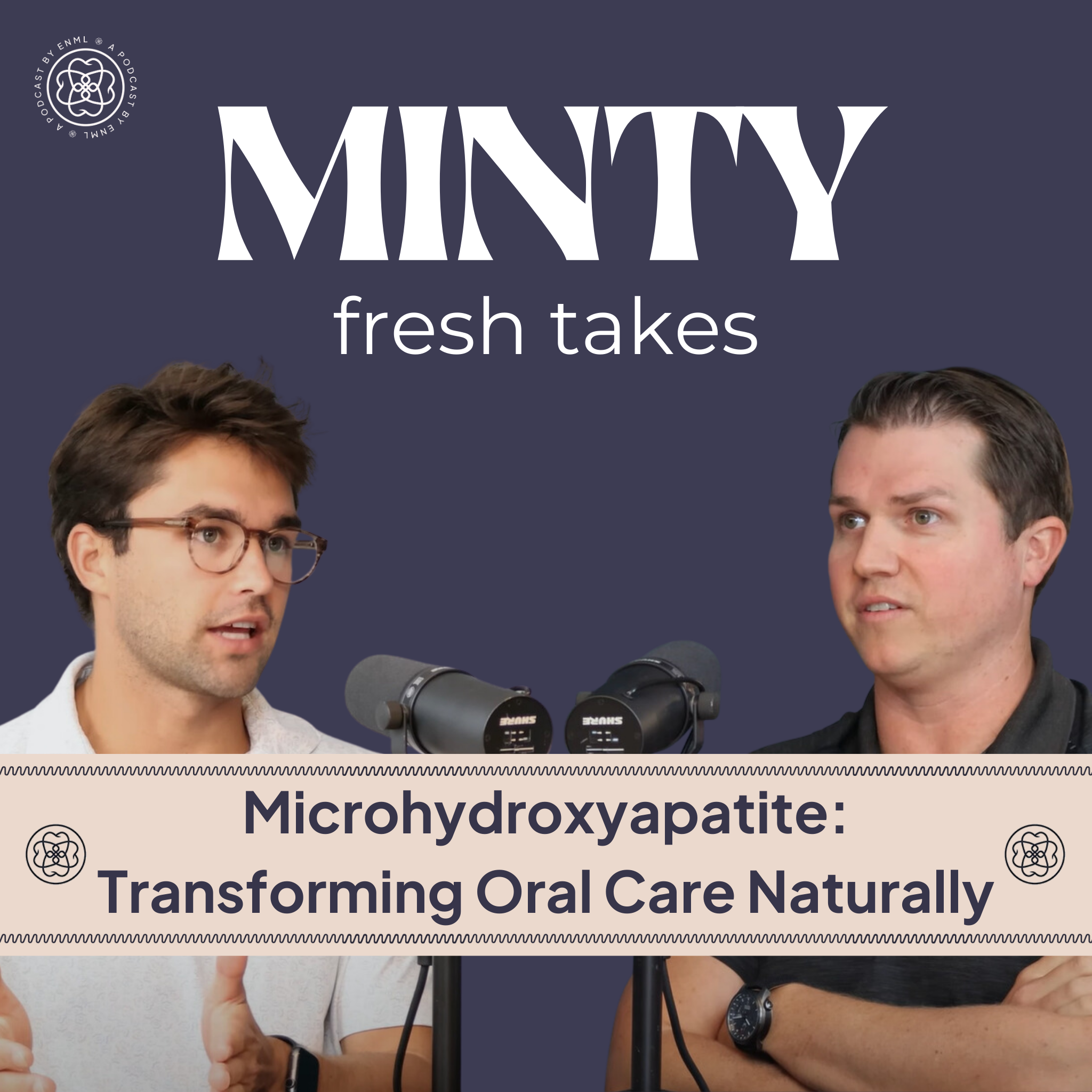 Two podcast hosts discussing in a professional studio setting for the Minty Fresh Takes series. The image features two people speaking into microphones, engaged in a conversation about innovative oral care solutions.