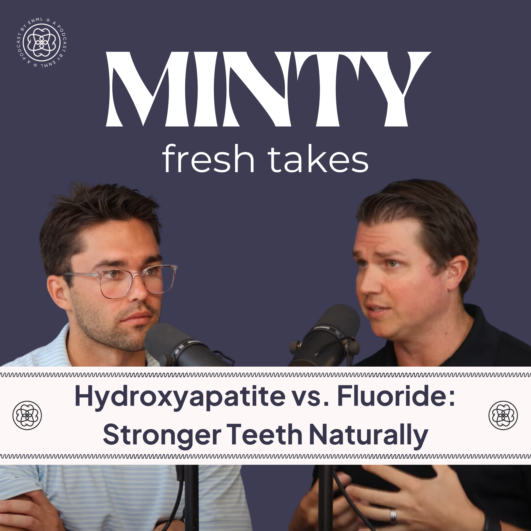 Two podcast hosts discussing in a professional studio setting for the Minty Fresh Takes series. The image features two people speaking into microphones, engaged in a conversation about innovative oral care solutions.