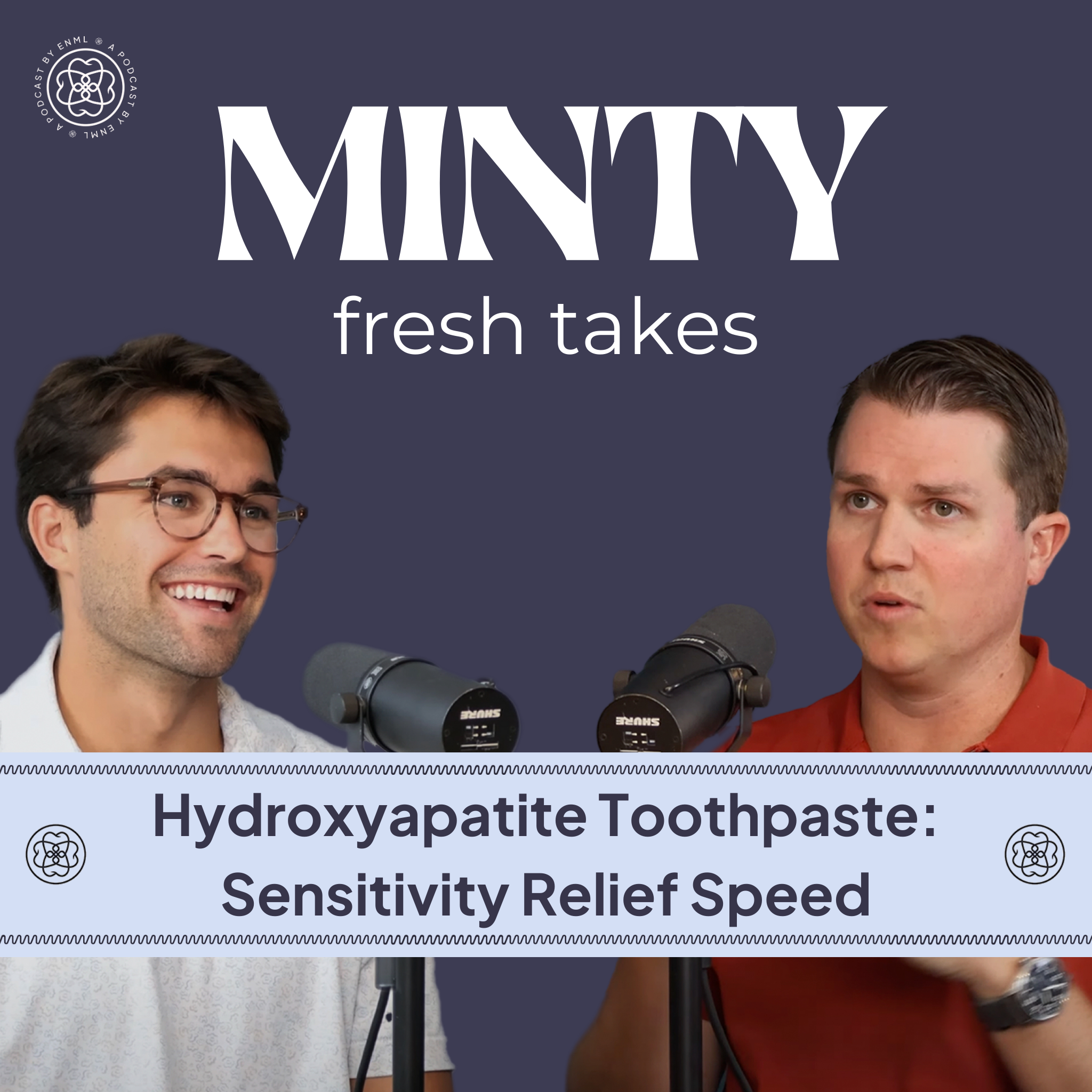 Two podcast hosts discussing in a professional studio setting for the Minty Fresh Takes series. The image features two people speaking into microphones, engaged in a conversation about innovative oral care solutions.