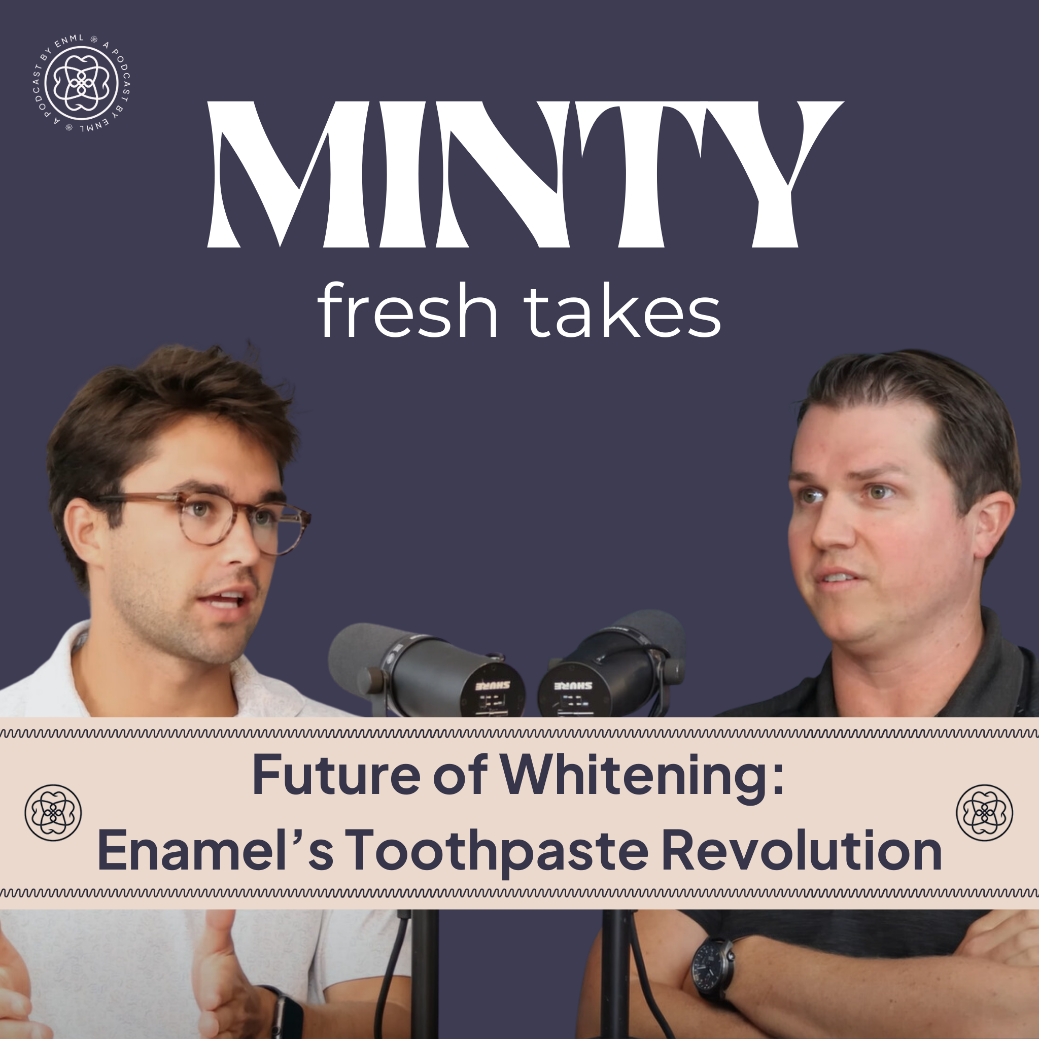 Two podcast hosts discussing in a professional studio setting for the Minty Fresh Takes series. The image features two people speaking into microphones, engaged in a conversation about innovative oral care solutions.