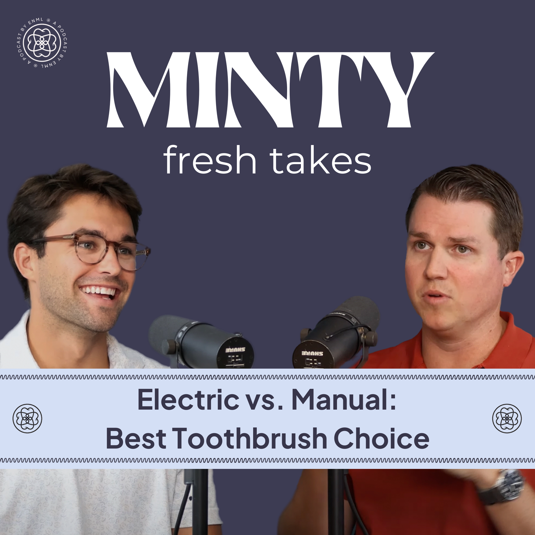 Two podcast hosts discussing in a professional studio setting for the Minty Fresh Takes series. The image features two people speaking into microphones, engaged in a conversation about innovative oral care solutions.