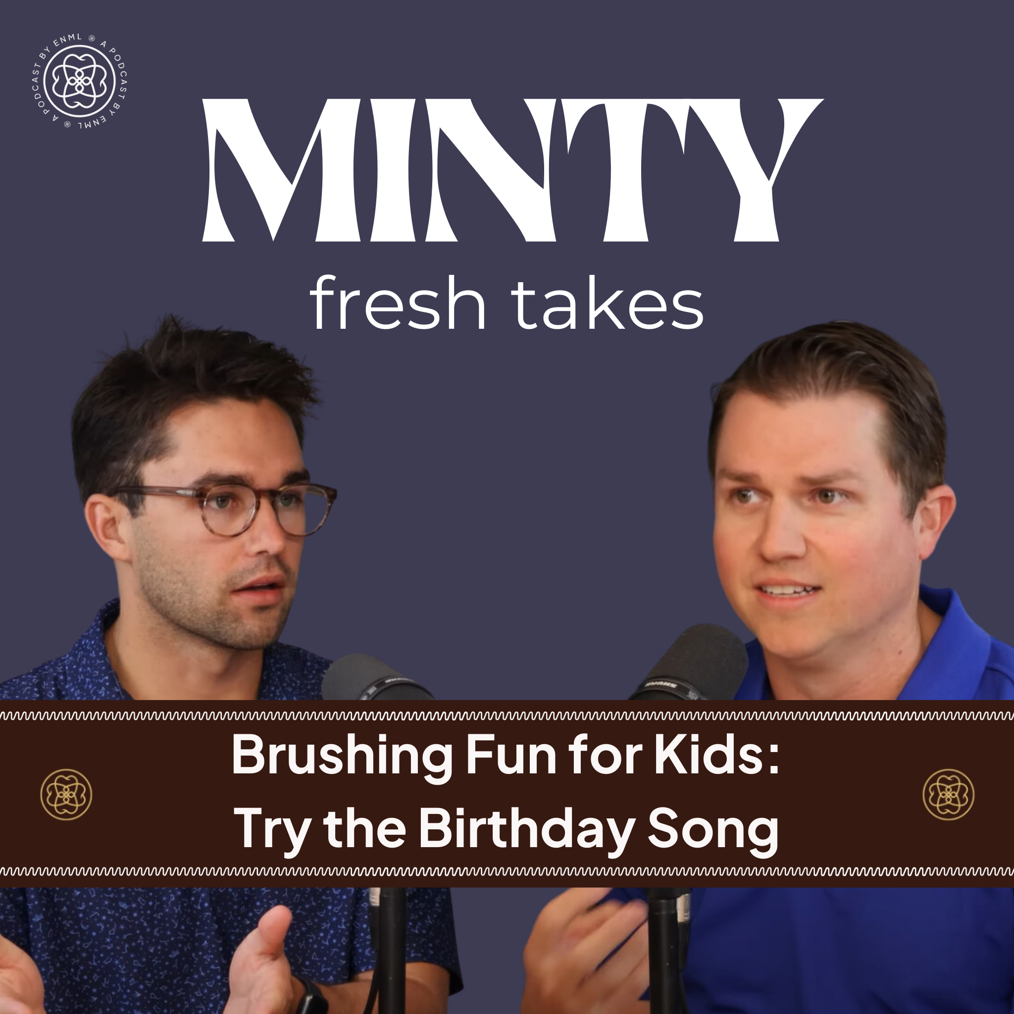 Two podcast hosts discussing in a professional studio setting for the Minty Fresh Takes series. The image features two people speaking into microphones, engaged in a conversation about innovative oral care solutions.