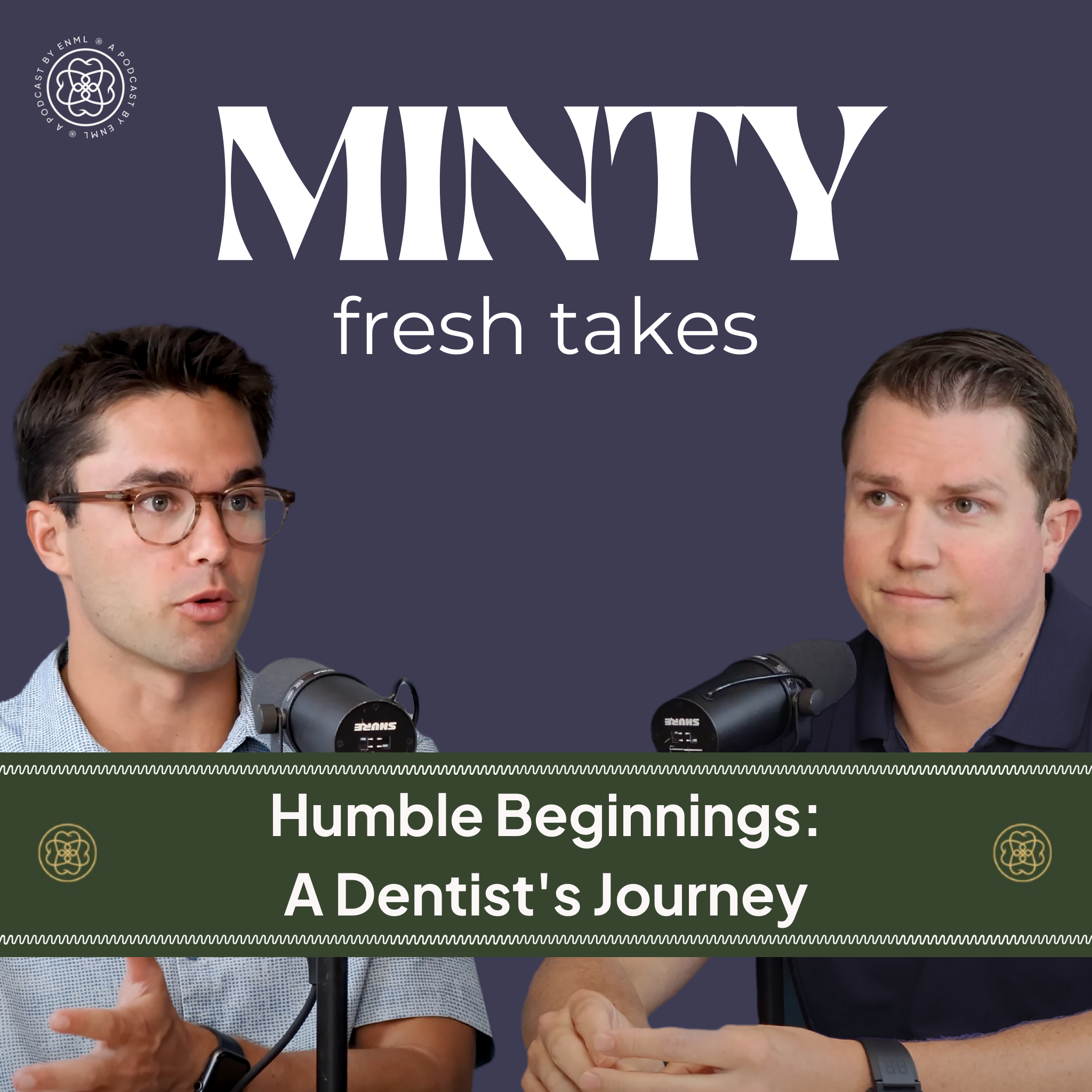 Two podcast hosts discussing in a professional studio setting for the Minty Fresh Takes series. The image features two people speaking into microphones, engaged in a conversation about innovative oral care solutions.