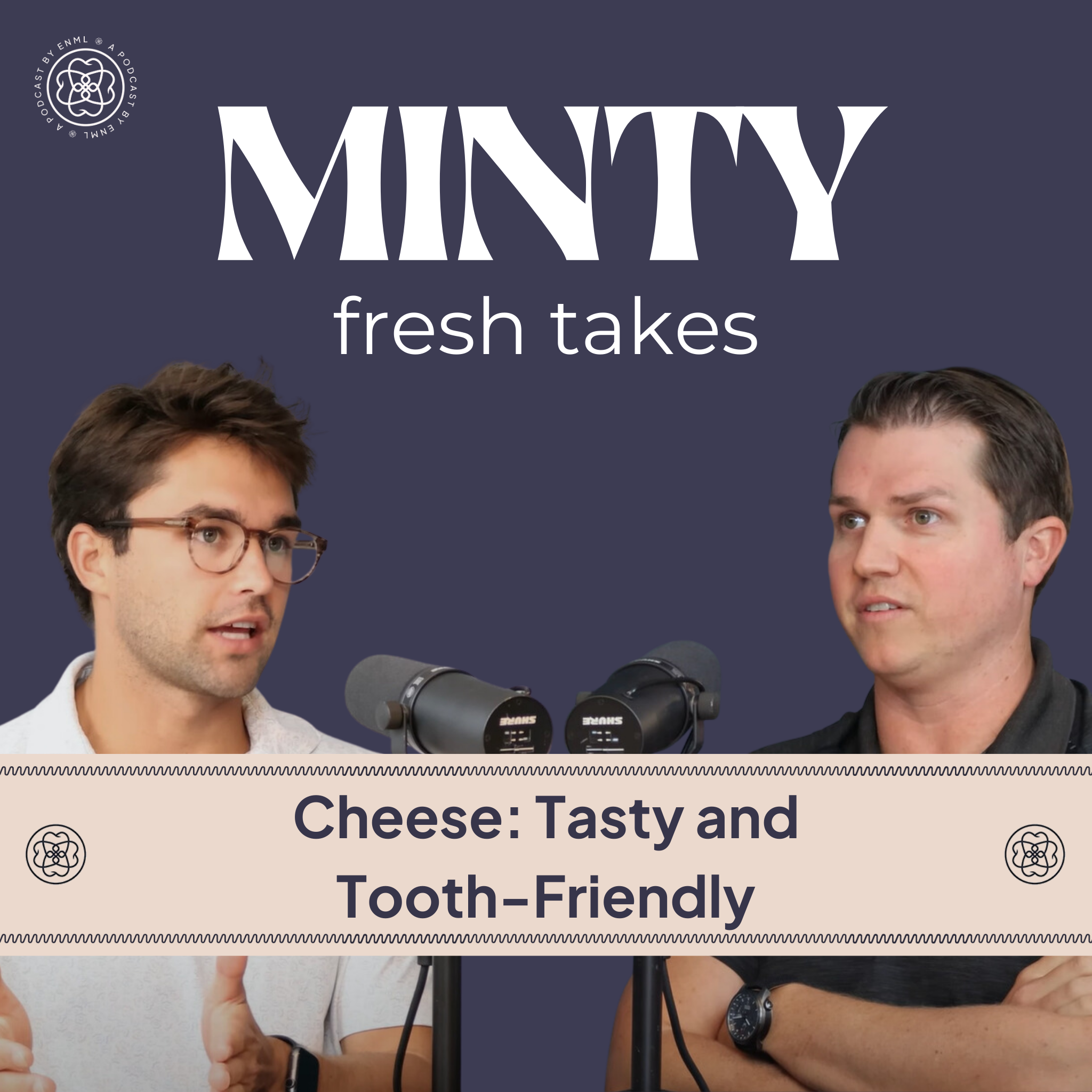 Two podcast hosts discussing in a professional studio setting for the Minty Fresh Takes series. The image features two people speaking into microphones, engaged in a conversation about innovative oral care solutions.