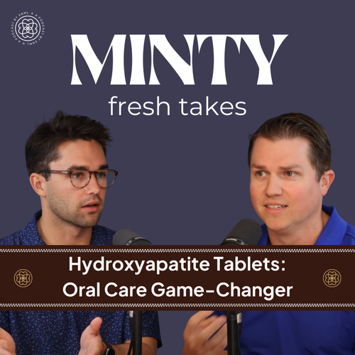 Two podcast hosts discussing in a professional studio setting for the Minty Fresh Takes series. The image features two people speaking into microphones, engaged in a conversation about innovative oral care solutions.