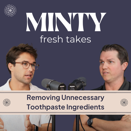 Two podcast hosts discussing in a professional studio setting for the Minty Fresh Takes series. The image features two people speaking into microphones, engaged in a conversation about innovative oral care solutions.