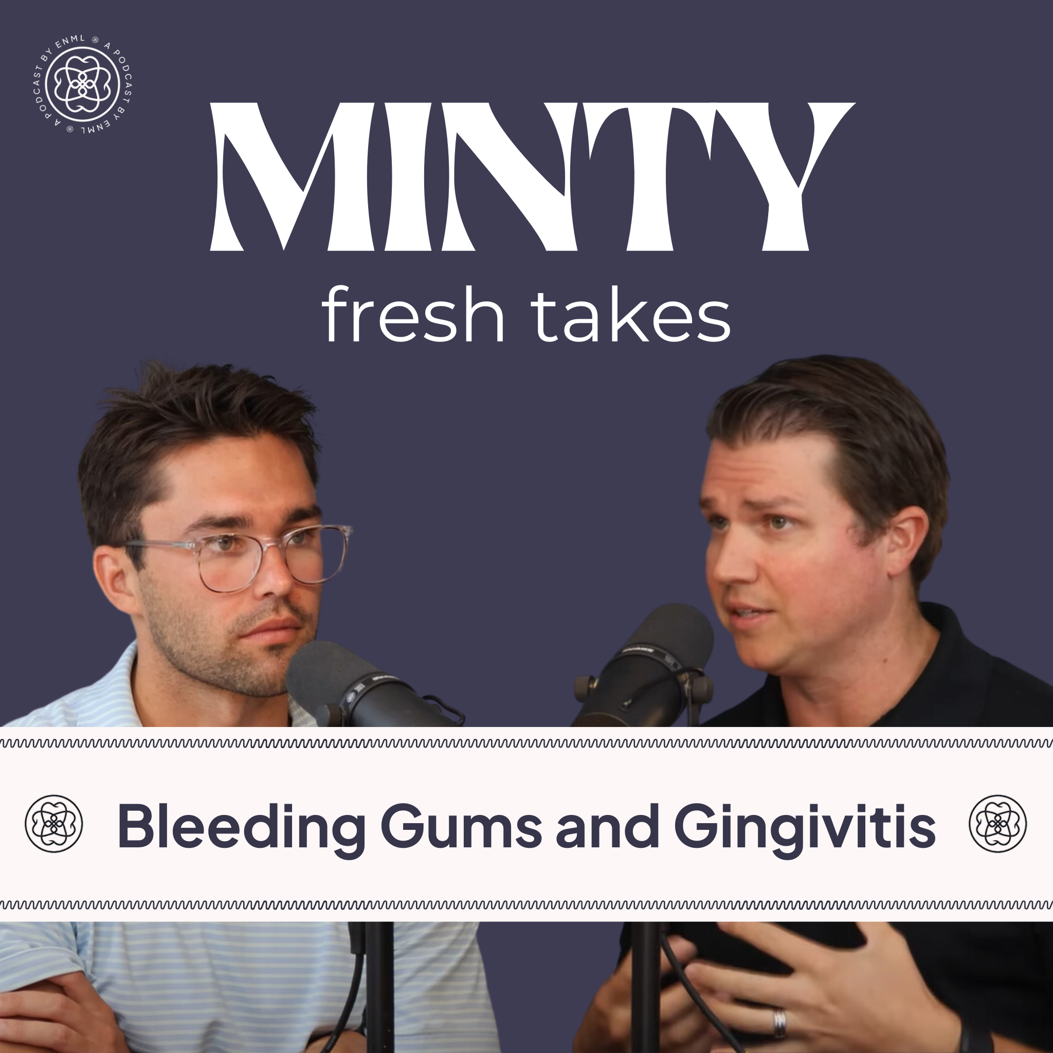 Two podcast hosts discussing in a professional studio setting for the Minty Fresh Takes series. The image features two people speaking into microphones, engaged in a conversation about innovative oral care solutions.