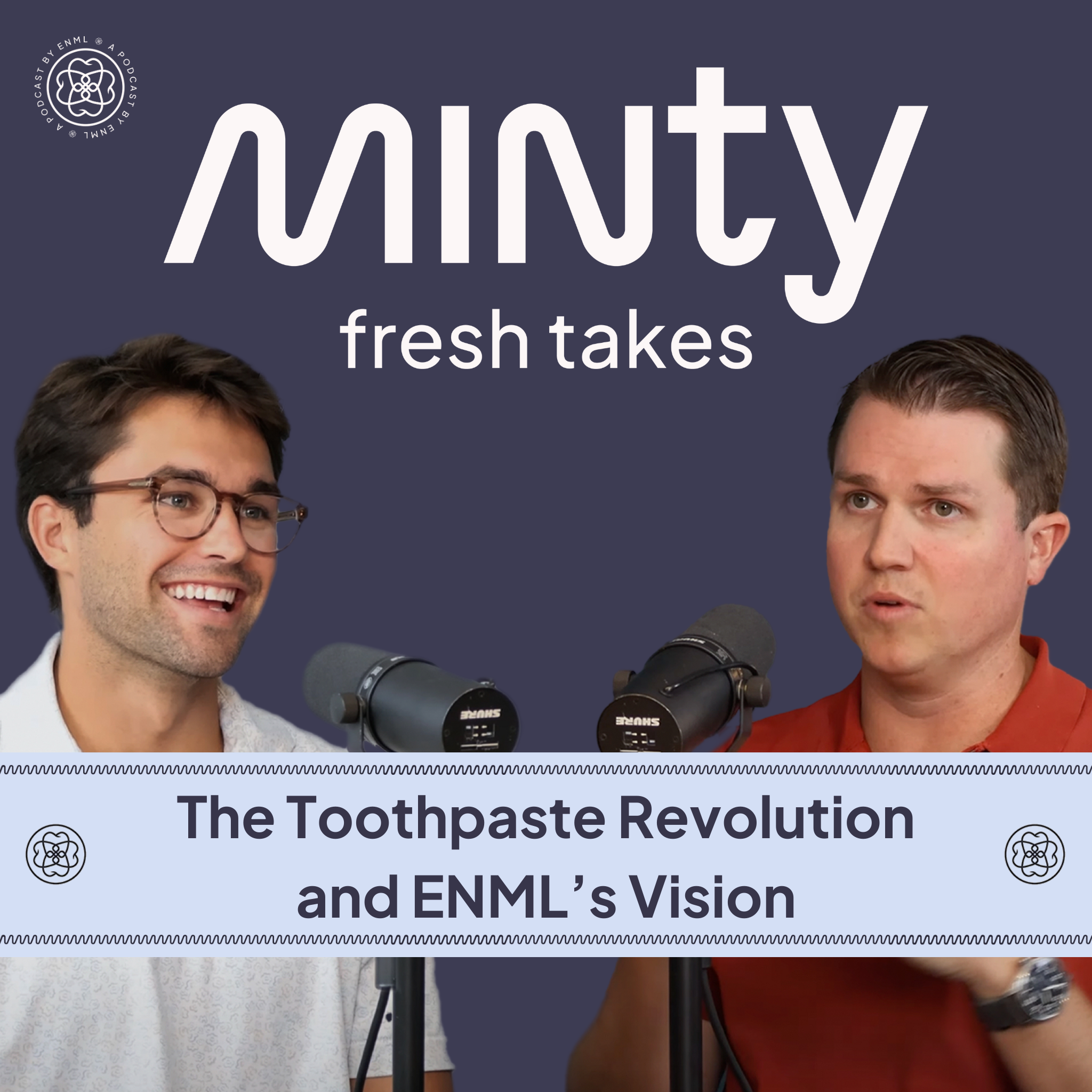 Two podcast hosts discussing in a professional studio setting for the Minty Fresh Takes series. The image features two people speaking into microphones, engaged in a conversation about innovative oral care solutions.